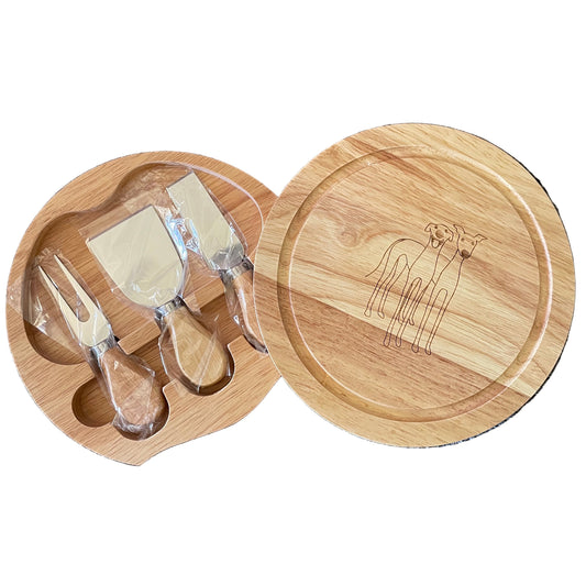 Round Wooden Cheese Set engraved with 2 cute greyhound's image