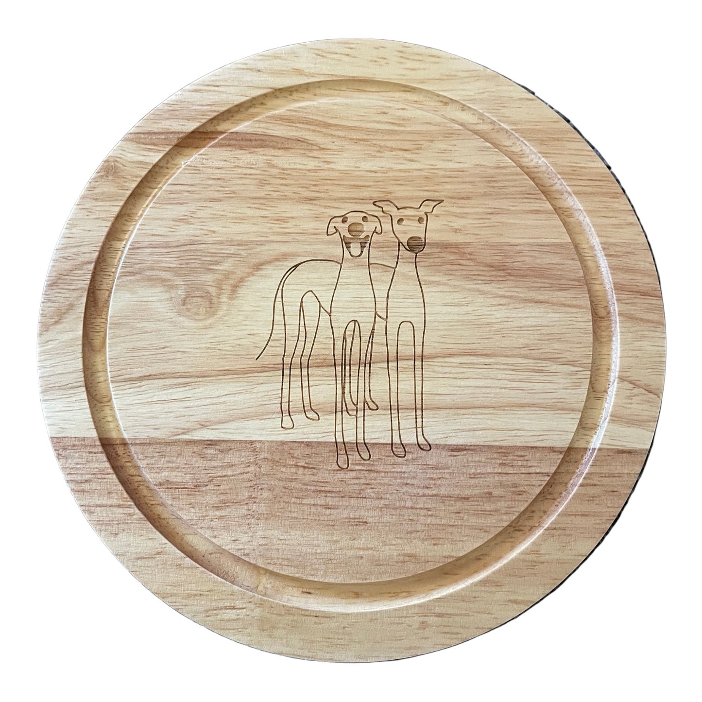 Round Wooden Cheese Set engraved with 2 cute greyhound's image