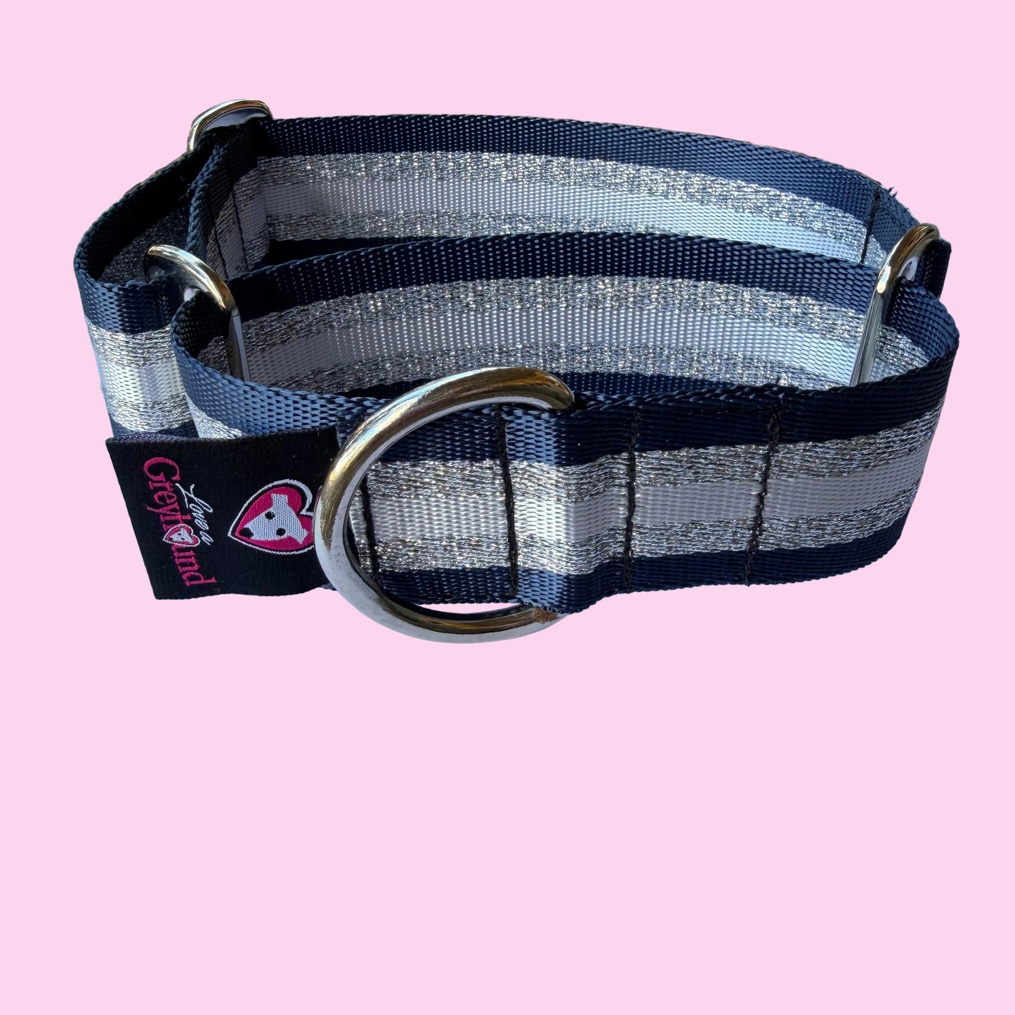 Navy & Silver Shimmer Stripe Martingale Greyhound 1.5 Inch Collar