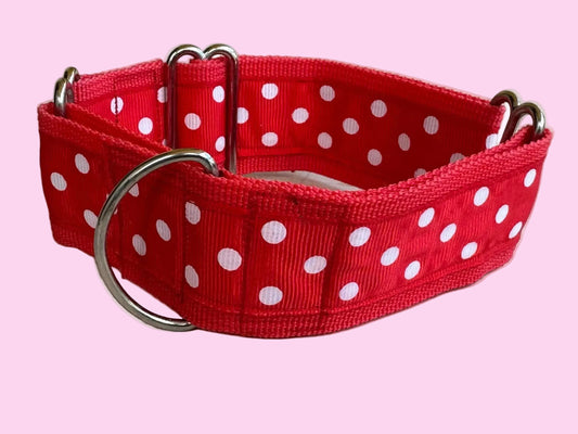 Whippet Martingale Collar, Wide Adjustable Dog Collar - Red Polka Dots
